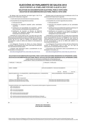 Impreso de solicitud del voto exterior para las elecciones gallegas.