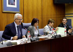 El consejero de la Presidencia, Manuel Jiménez Barrios, durante su comparecencia en la Comisión de Asuntos Europeos.