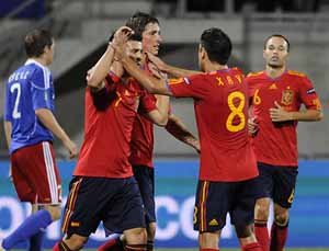 Los jugadores españoles celebran uno de los goles ante Liechtenstein.