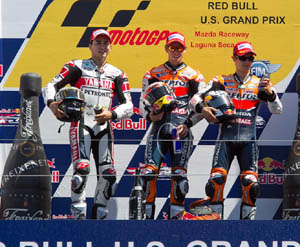 Lorenzo, Stoner y Pedrosa en el podio de Laguna Seca.