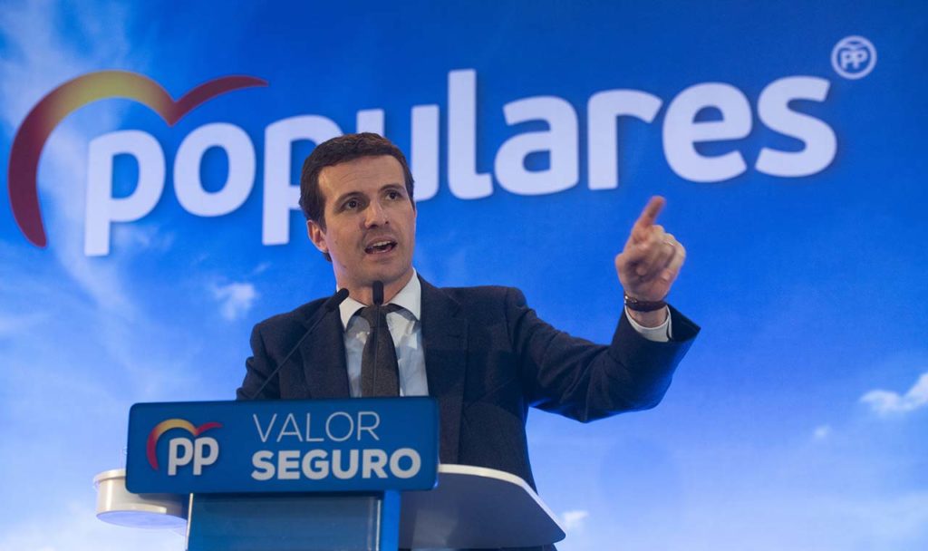 El candidato del Partido Popular, Pablo Casado, en un mitin de campaña.