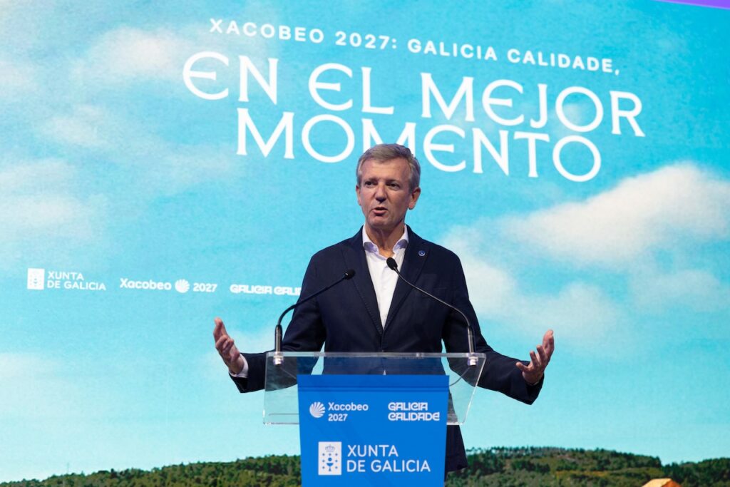 El presidente de la Xunta, Alfonso Rueda, durante la presentación en Madrid de la campaña institucional que promocionará el Xacobeo 2027. 
